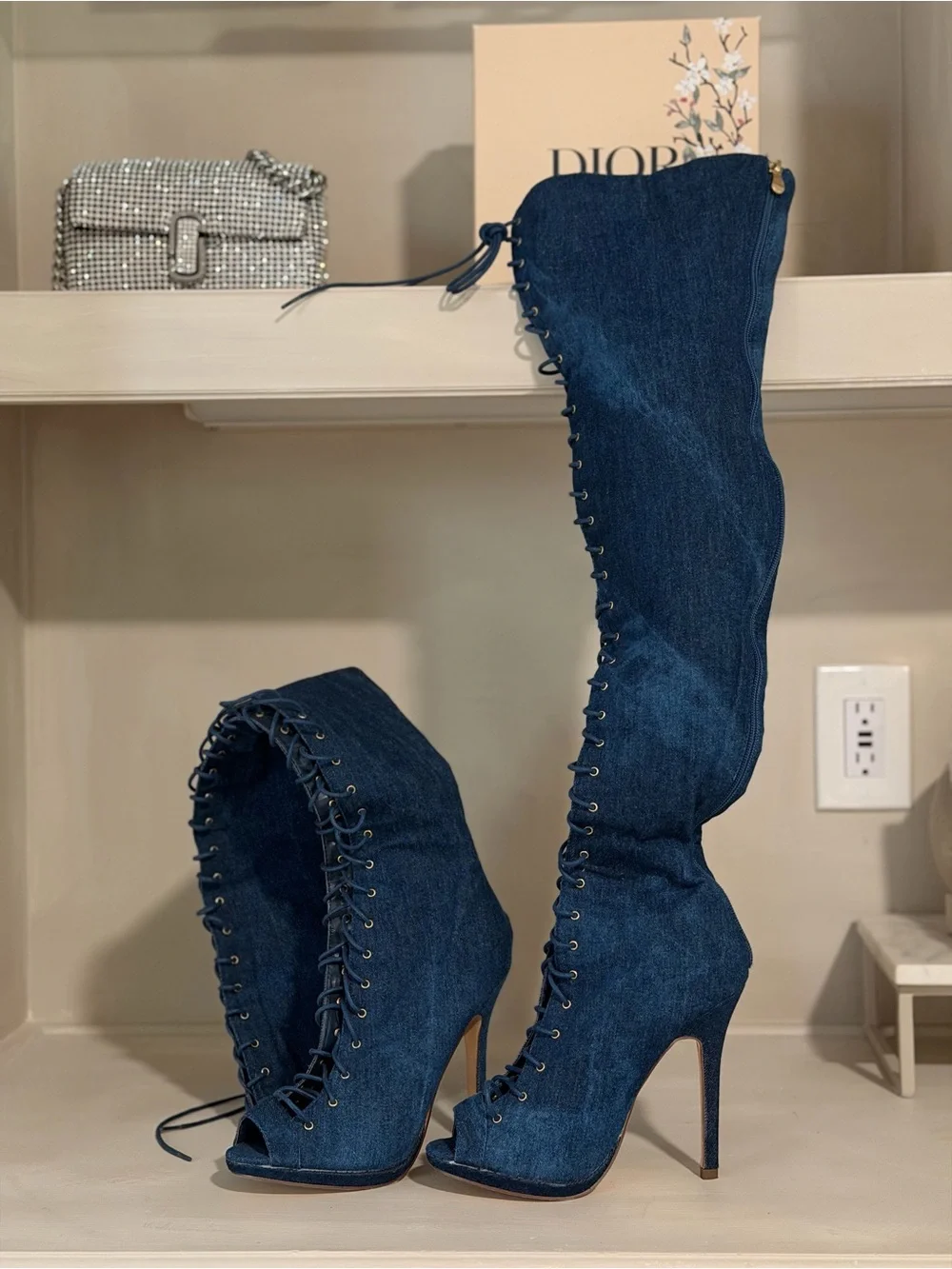 Denim Lace-Up Over-the-Knee Stiletto Boots- Blue